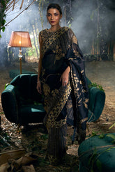 Black  and gold Organza Silk Hand Embroidered Saree Set